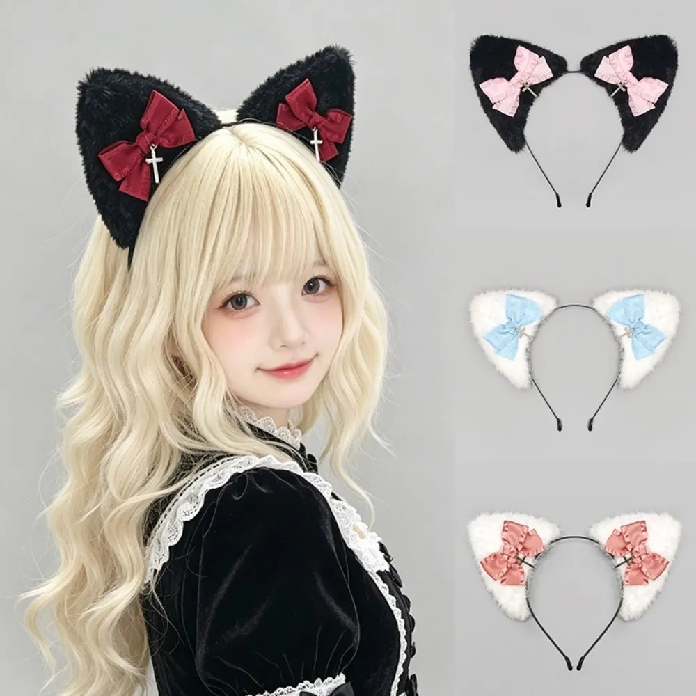 New Cross Cat Ear Headband Bowknot Handmade Lolita Headwear Furry Hair Band Party Props