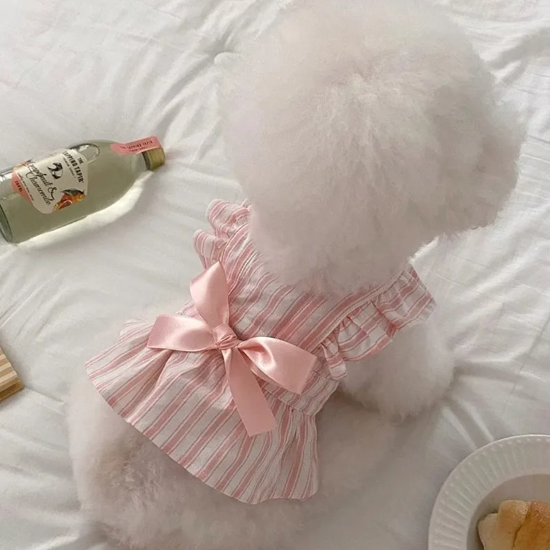 

Adorable Spring Summer Pet Dress Striped Design Princess Style Flying Sleeves Bow for Small Dogs Cats XXL Size Pink Cute Coat