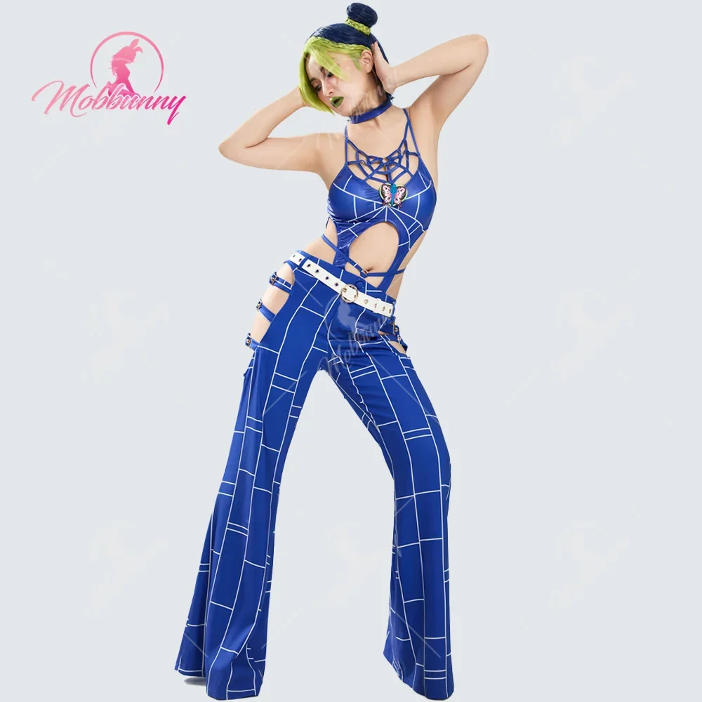 MOBBUNNY Jolyne Cosplay Costume Halloween Spider Web Lingerie Set Cutout Bodysuit and Long Pants with Belt