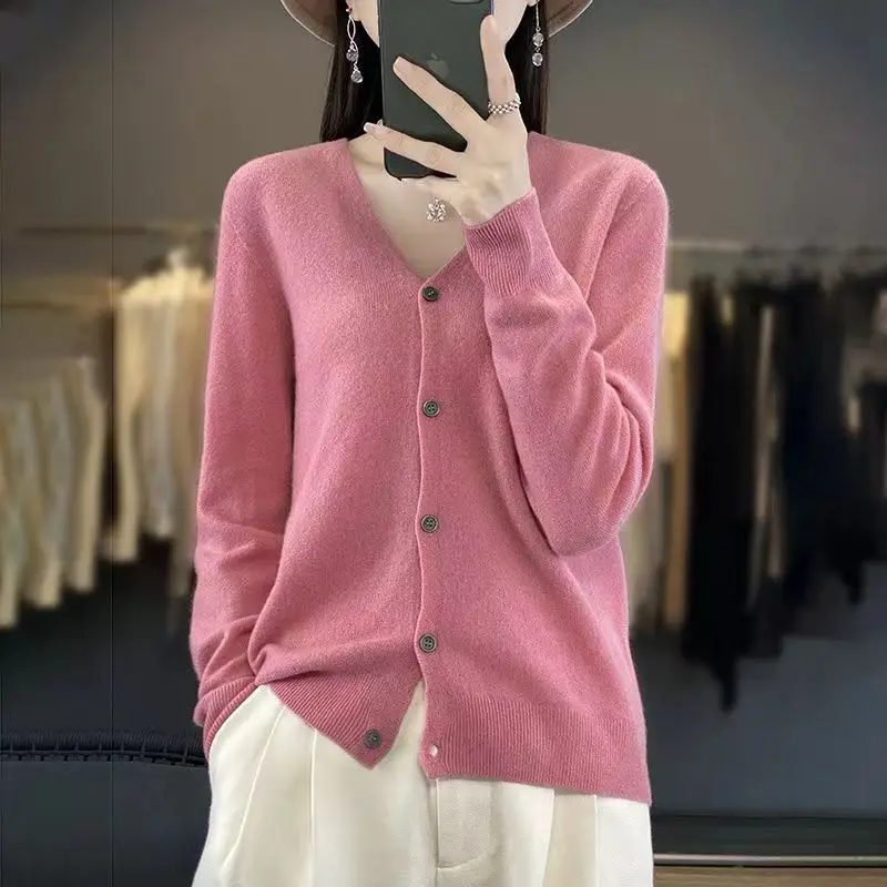 100% Merino Wool Cardigan For Women\'s Spring And Autumn Long Sleeved Solid Color Warm And Soft Cashmere Knitted Sweater Top