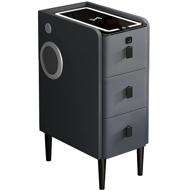 

Прикроватная тумбочка с интеллектуальной беспроводной зарядкой, ультратонкая, с тремя выдвижными ящиками, современная, простая, многофункциональная, с замком по отпечатку пальца, аудиосистемой и местом для хранения.