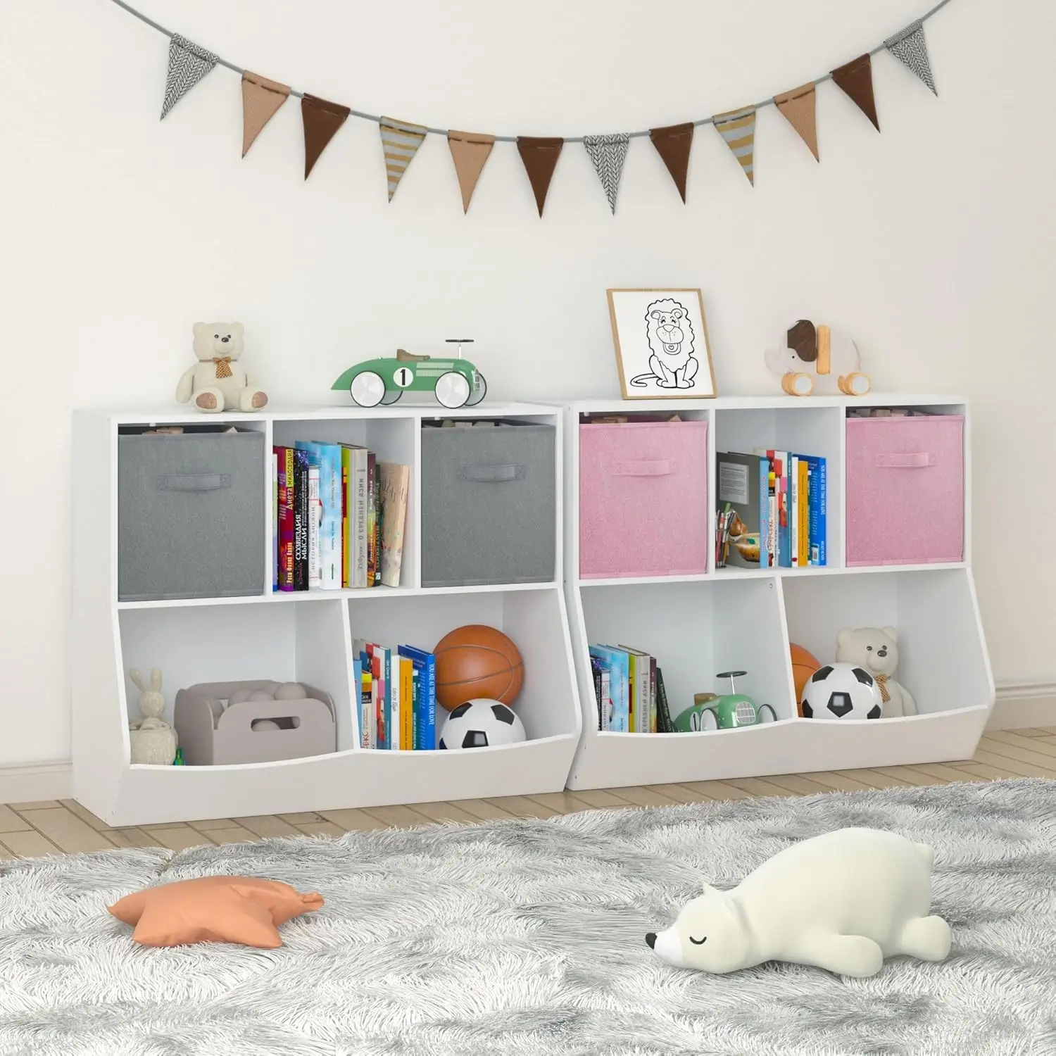 Kids Bookshelf Wood Toy Storage Cubby Cabinet with Two Drawers Organizer for Children's Room Playroom Kindergarten School