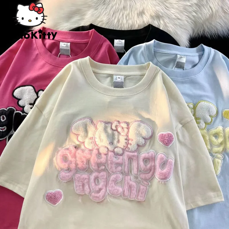 Sanrio Hello Kitty Cotton Fashion Embroidery Short Sleeved 2024 New T-shirt Summer Harajuku Korean Y2k Youthful Woman Clothes
