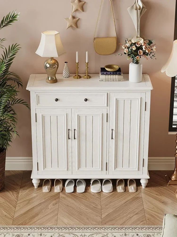 A   American Ash Wood Indoor Entrance Shoe Cabinet White Large Capacity Home Retro Locker