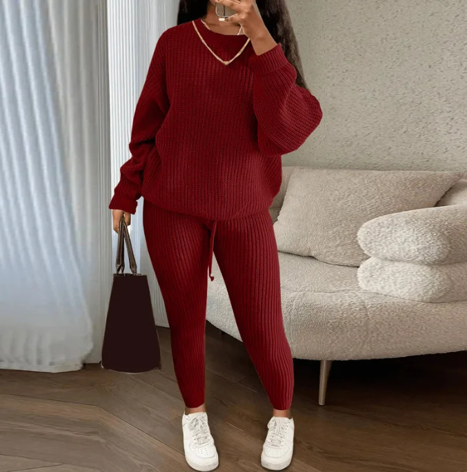 Autumn Winter Women's Casual Two Pieces Knitted Sweater Top and Drawstring Tight Pants Set fashion Female Matching Suit Set