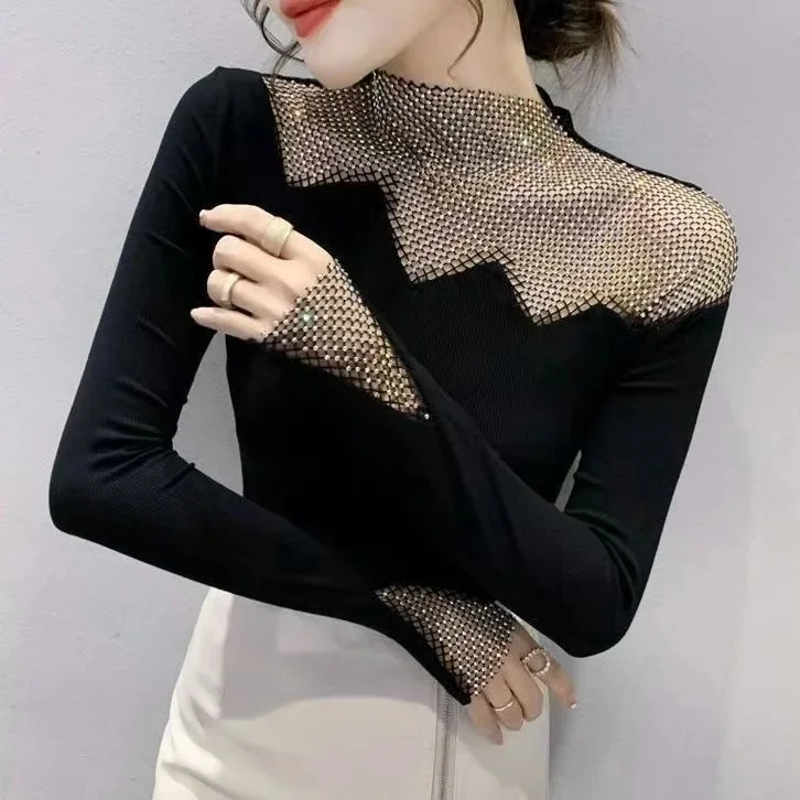 Summer European Clothes Lady Hollow out Blouse Shirts Chic Sexy Patchwork Shiny Diamonds Women Tops Long Sleeve Tops