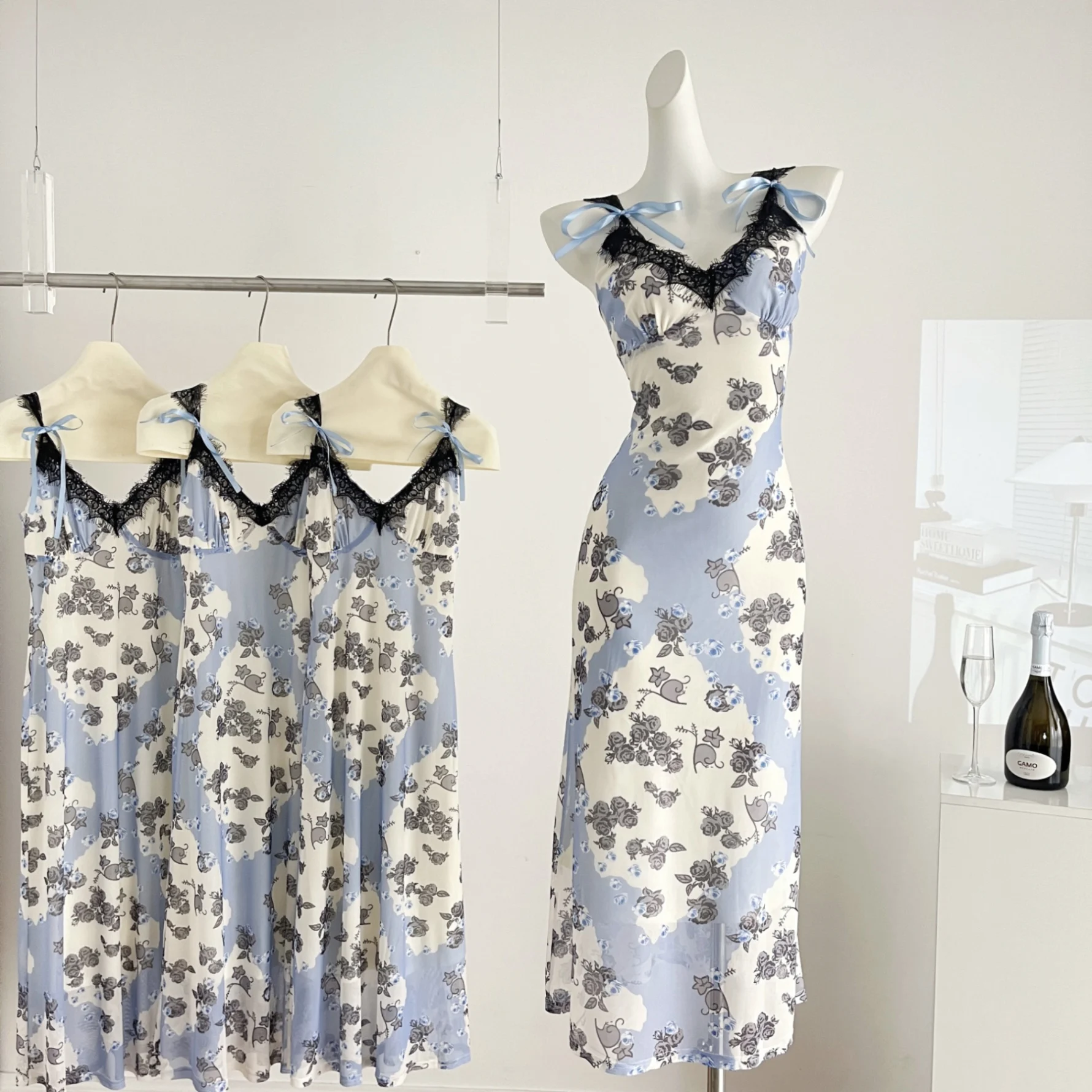 

Pure Sexy Patchwork Lace Slim Fit Dress Women's Summer V-neck Bow Printed Mesh Dress Fashion Female Clothes