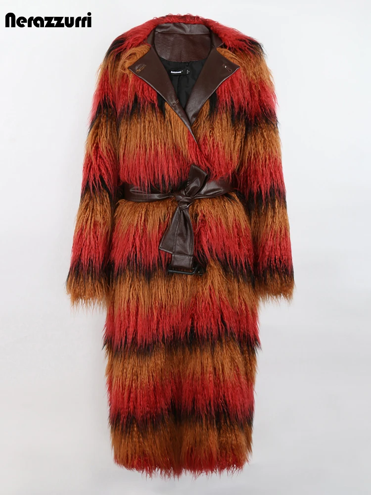 Nerazzurri Winter Lange Oversized Kleurrijke Dikke Warme Shaggy Faux Fur Trenchcoat Voor Vrouwen Met Lederen Riem Europese Mode