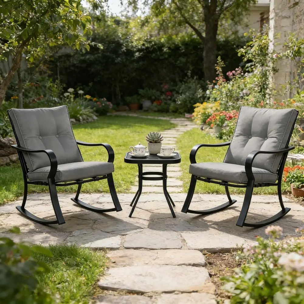 Outdoor 3-Piece Rocking Chairs Patio Bistro Set Black Steel urniture with Thickened Cushion and Glass-Top Coee Table, Grey view 2