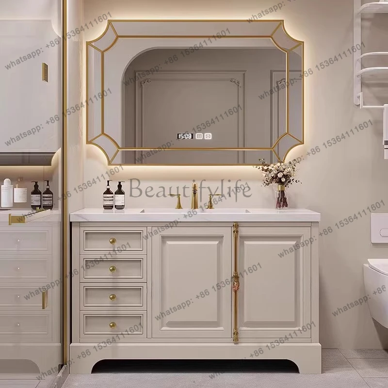 American cream wind rock slab bathroom cabinet combination oak floor cabinet customization