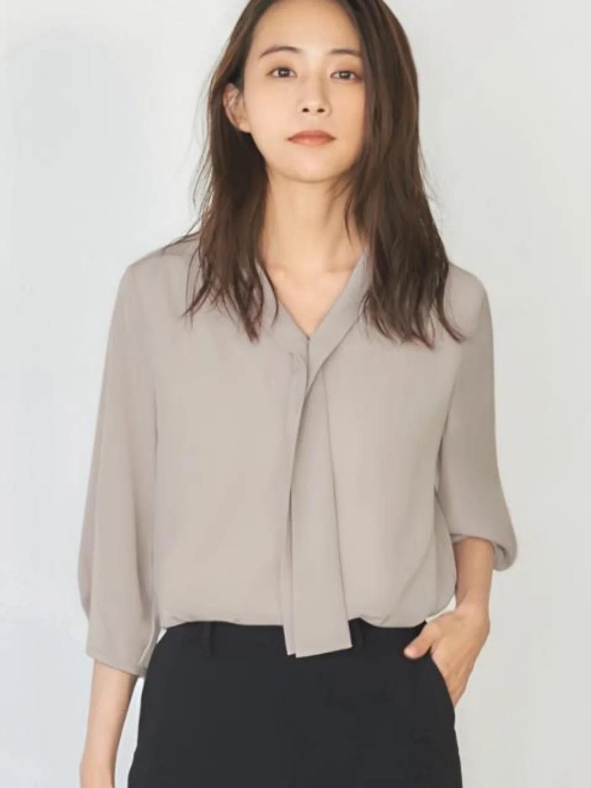

Sweet Loose V-Neck Chiffon Shirt with Sashes 7/8 Sleeve Office Commute Style Women's Top Summer Fashion Casual Wear