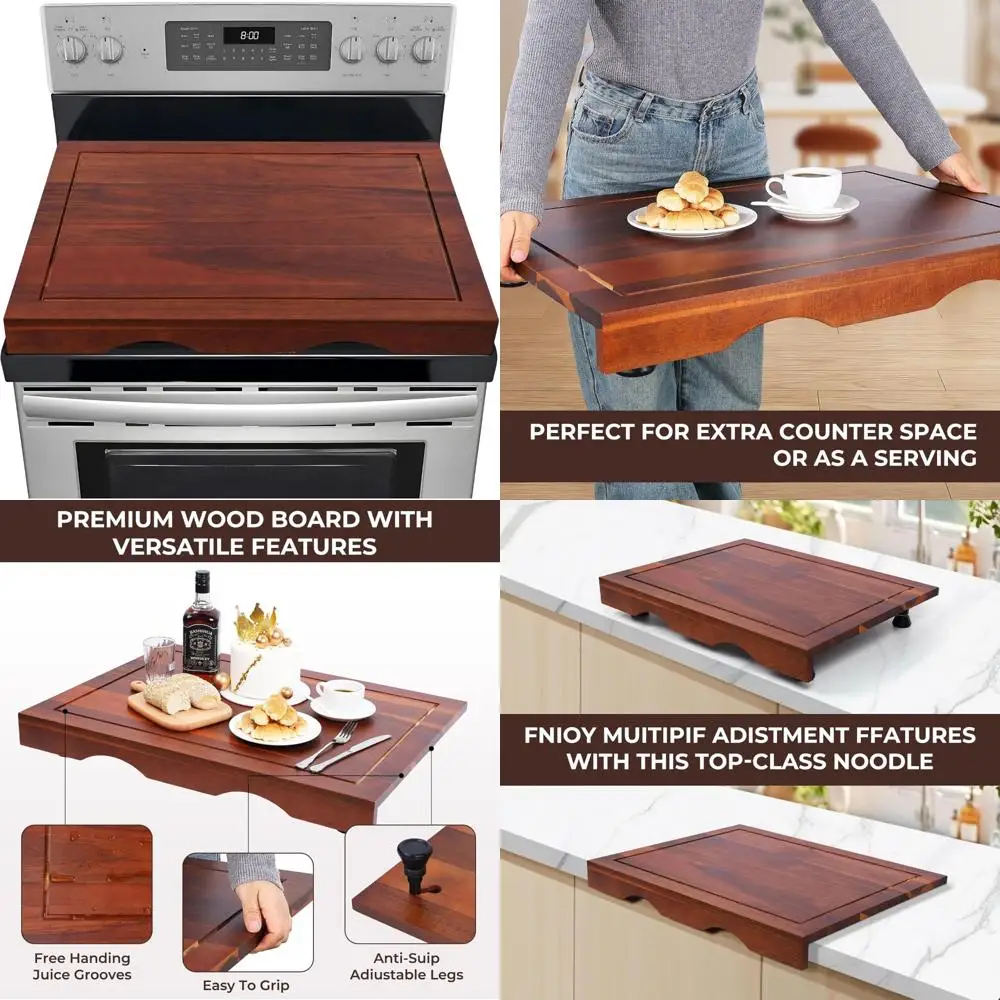 

Raised Cutting Board for Electric and Gas Stoves - 30L x 22W x 2.5Th Acacia Wood Stove Top Cover with Adjustable Legs and Juice