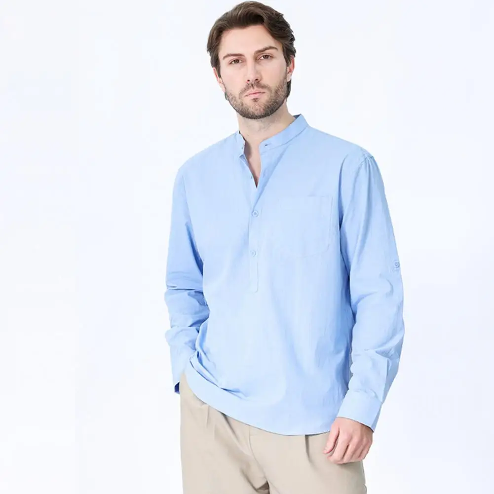 

Men Business Shirt Men's Half-open Stand Collar Shirt with Chest Pocket Solid Color Long Sleeves Button Down Casual for Spring