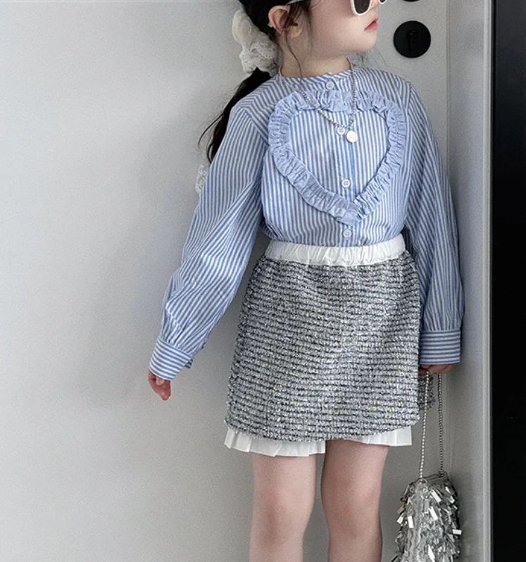 

Retail 2024 New Baby Girls Spring Sets, Blue Striped Blouse + Sequined Skirts Princess Fashion Suits 2-7 T