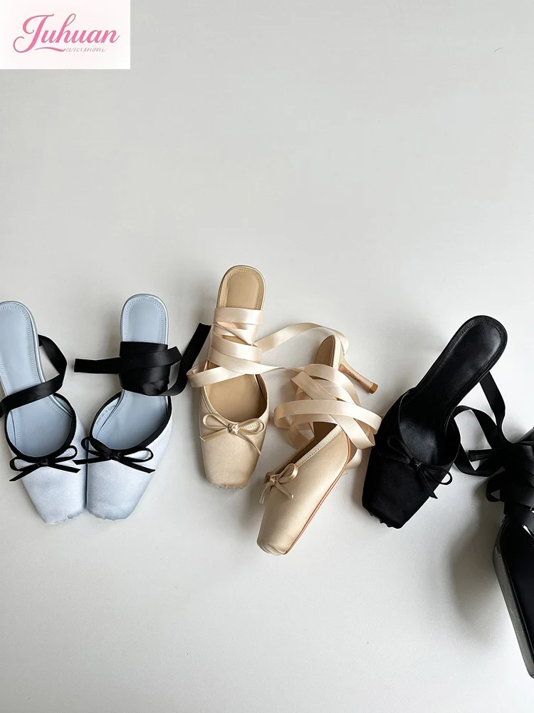 

French Elegant Square Head Ballet Shoes Bow Shoes Straps Women's High Heel New Sandals Slippers Apricot Black Blue Women's Shoes