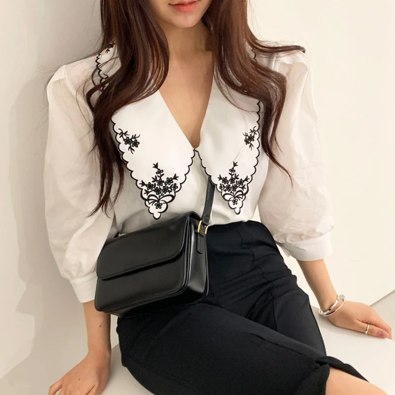 Shirts Women Embroidery Puff Sleeve Panelled Summer Tender Popular Aesthetic Simple Casual Cozy Design Feminino Trendy Ins Mujer