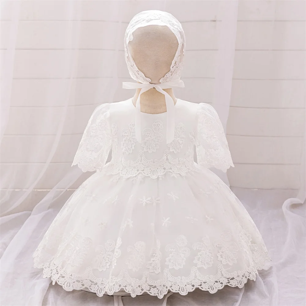 

2pcs Baby 1st Birthday Baptism Gown Lace Flower Embroidery Dresses Infant Girl Christening Clothing Girls Fashion Costumes Wear