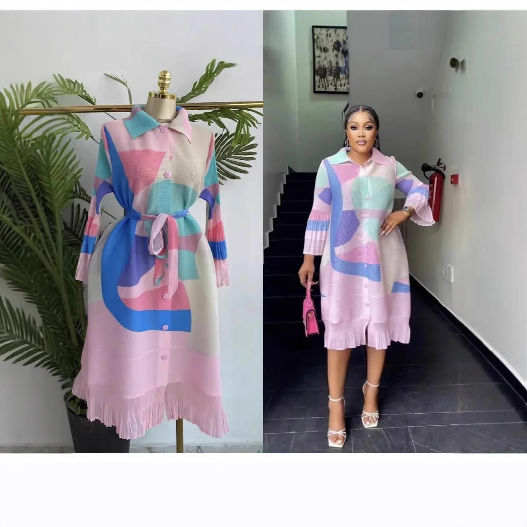 2025 Maxiจีบชุดผู้หญิงLapelเดี่ยวแขนยาวสีบล็อกพู่HemหลวมChicเสื้อผ้าฤดูใบไม้ร่วง