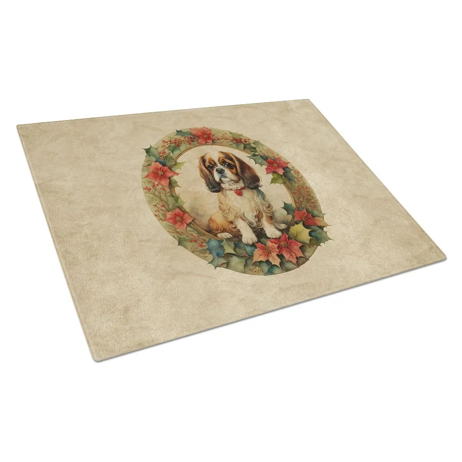 

NEW English Toy Spaniel Christmas Flowers Glass Cutting Board Drative Tempered Glass Kitchen Cutting and Serving Board Large Si