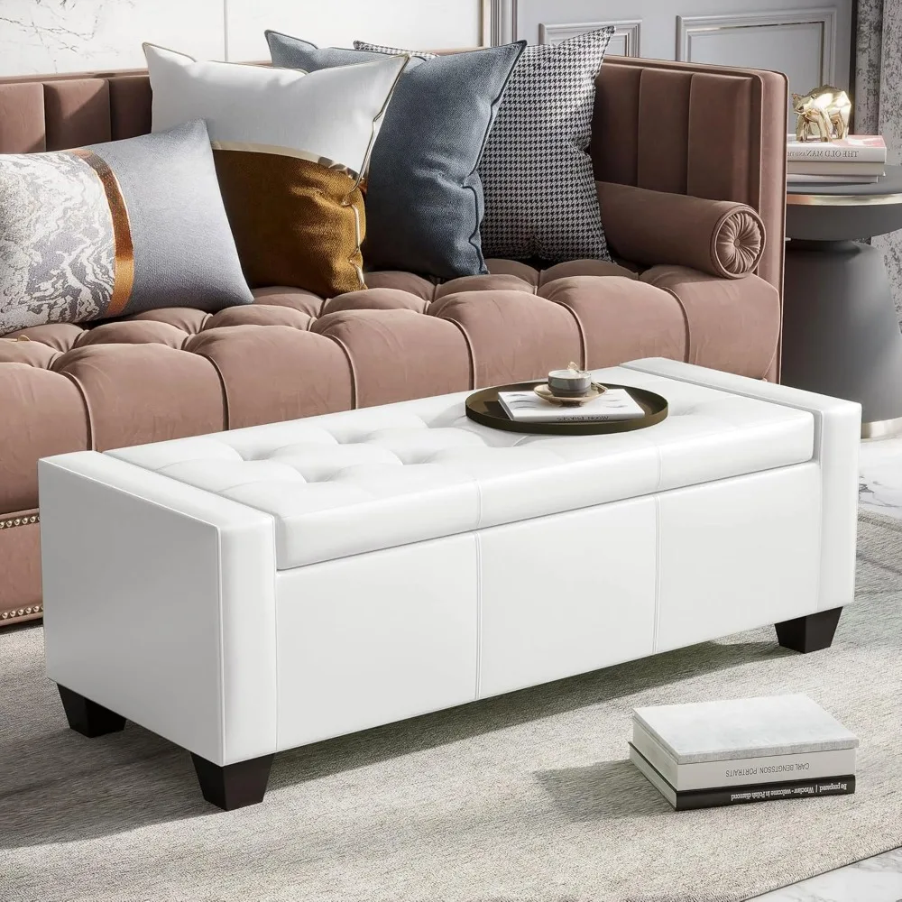 Large 51" Storage Ottoman, Tufted Faux Leather Storage Bench for Living Room, Entryway, or Bedroom