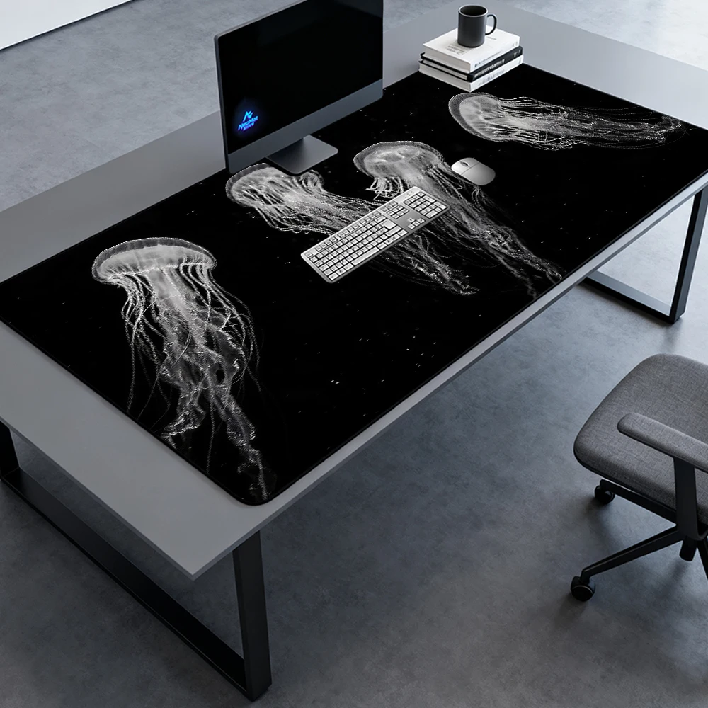 Monochrome Ocean Desk Pad Large Black 5mm Gaming 1400x600 White Giant Jellyfish Mousepad 1600x600 Pad Pc Accessories Table Mat
