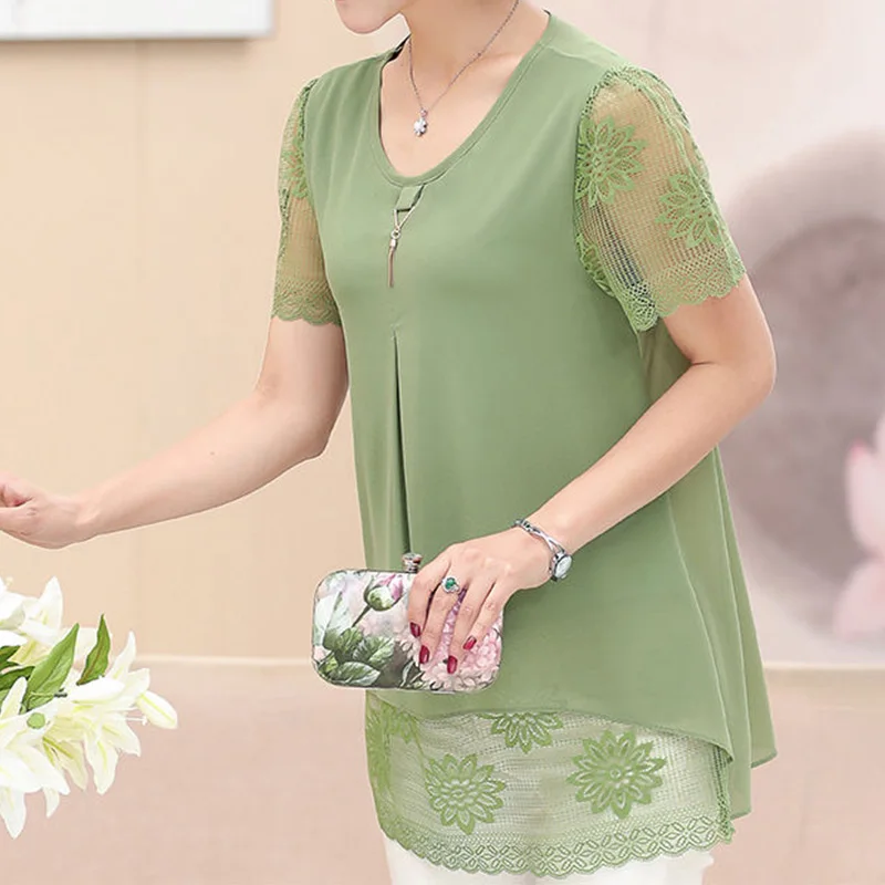 Summer New Mom\'s Loose Fit Chiffon Lace Lace Short Sleeves T-Shirt Simplicity Round Neck Solid Chain Mid Length Version Tops