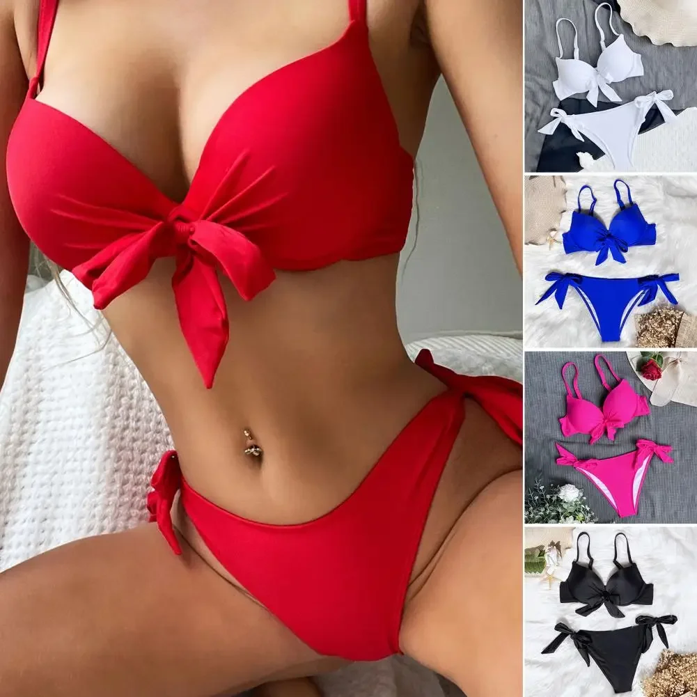 Sexy Push-up-Bikini mit Schleife vorne und Knoten, zweiteilig, fester Badeanzug, Krawatten-Bikini-Badeanzug, Bademode, Biquini, conjunto de Bikini, Tankini