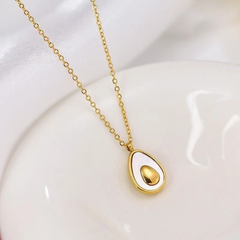 Creative Playful Gold Color Stainless Steel Avocado Pendant Necklace Stud Earrings Set for Woman Collarbone Chain Jewelry Gifts
