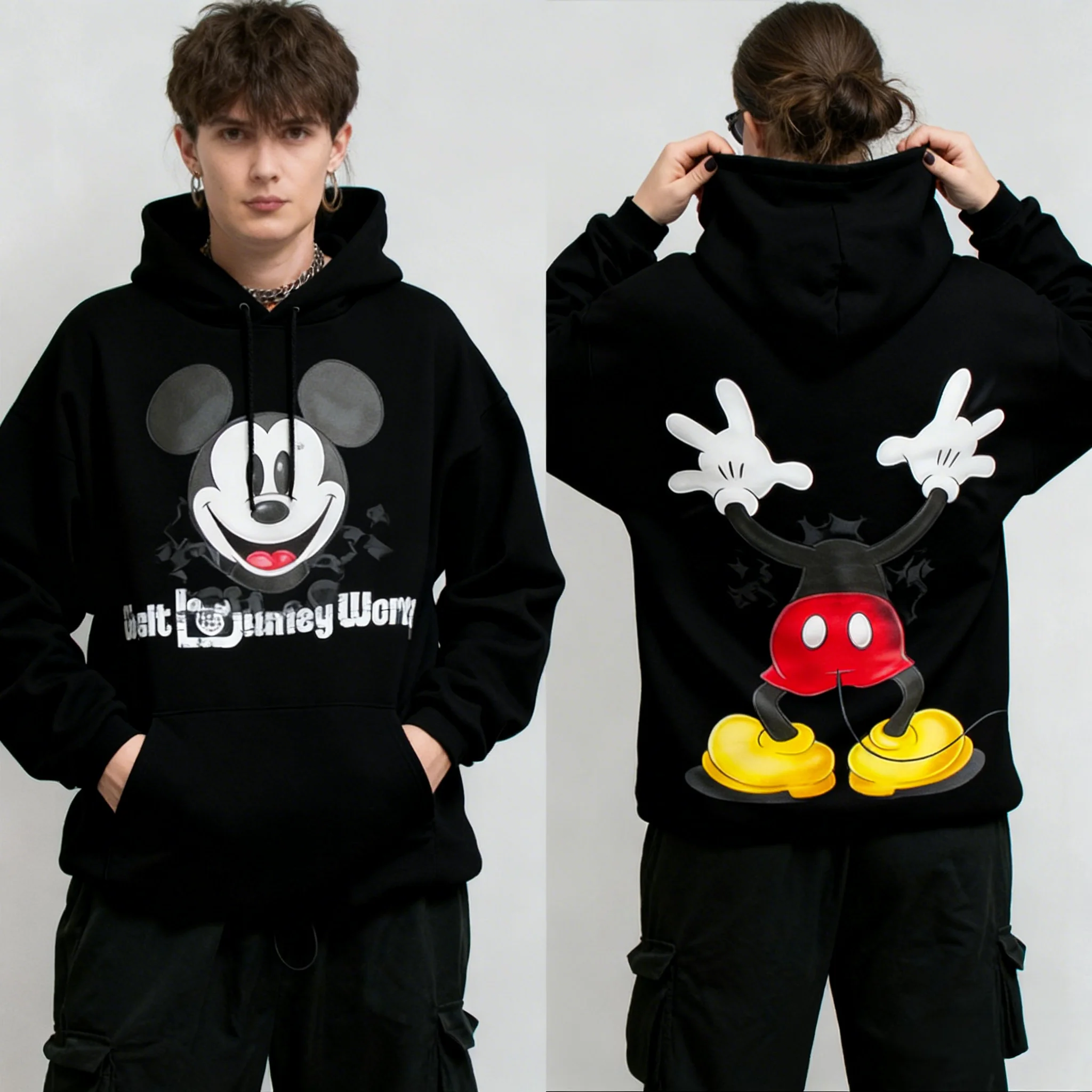 

Черная толстовка с капюшоном Disney из хлопка с принтом персонажа Микки Мауса, красные брюки и желтые туфли, дизайн спереди и сзади, повседневная одежда с длинными рукавами