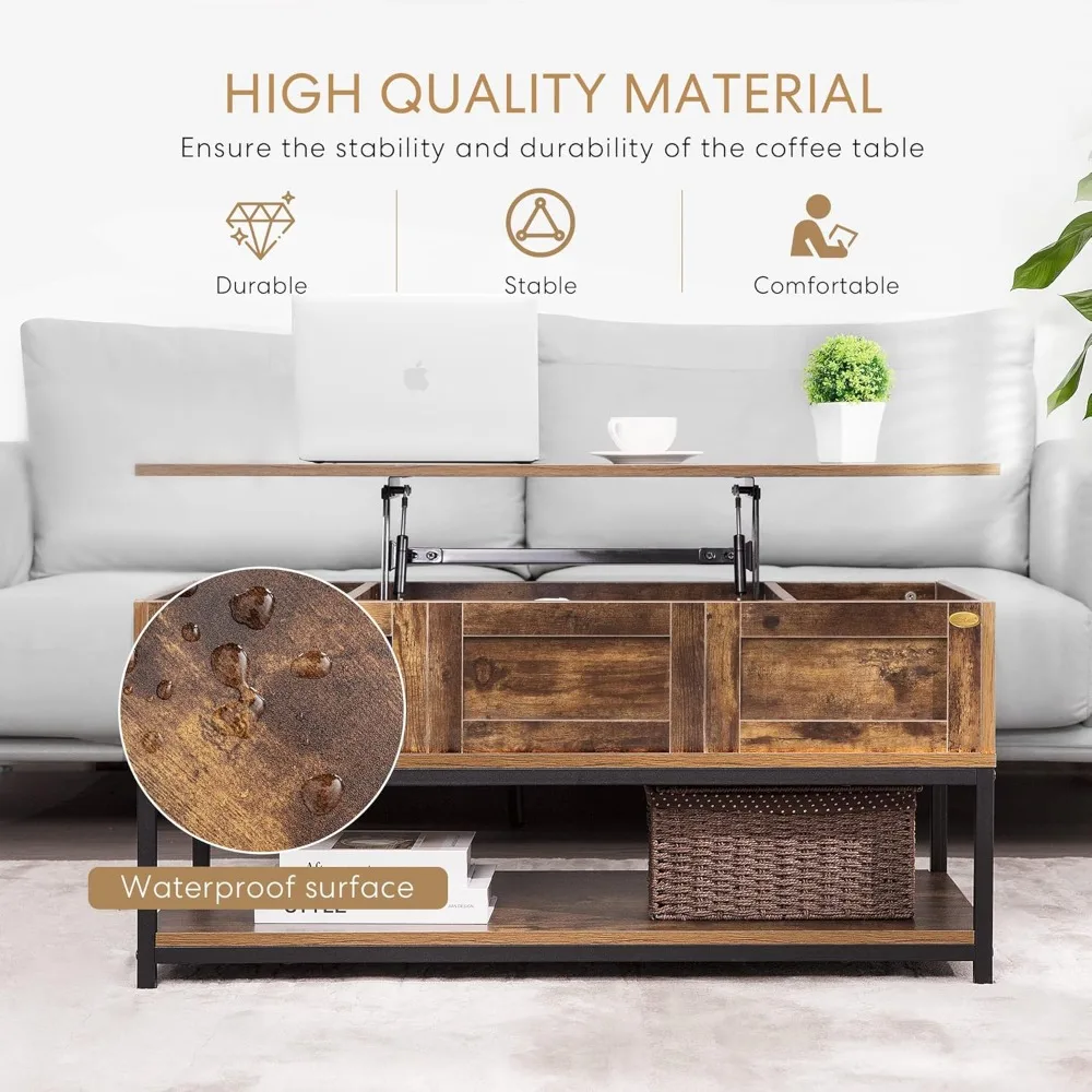 Lift Top Coffee Table with Steel Frame, Dining Table with Open Storage and Hidden Compartment, Suitable for Living Room