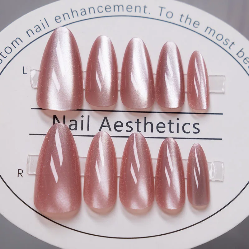 24szt Pink Cat Eye Fake Nails Glitter Fashion False Nail Patch For Lady Women Wearable Manicure DIY Art Almond Press on Nails