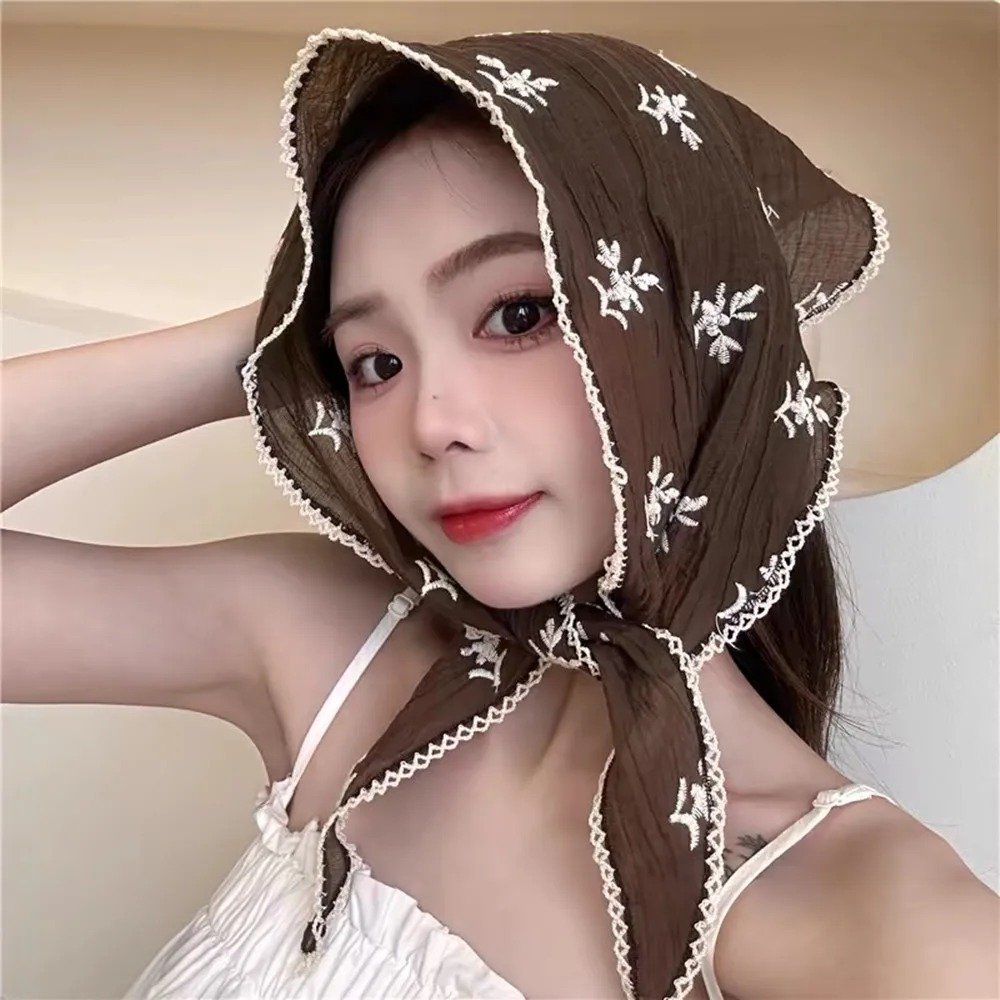 2024 New Small Sqaure Scarf Shawls Decora Linen Cotton Lace Triangle Scarf Summer Floral Hair Scarf Headband Sunscreen Headscarf