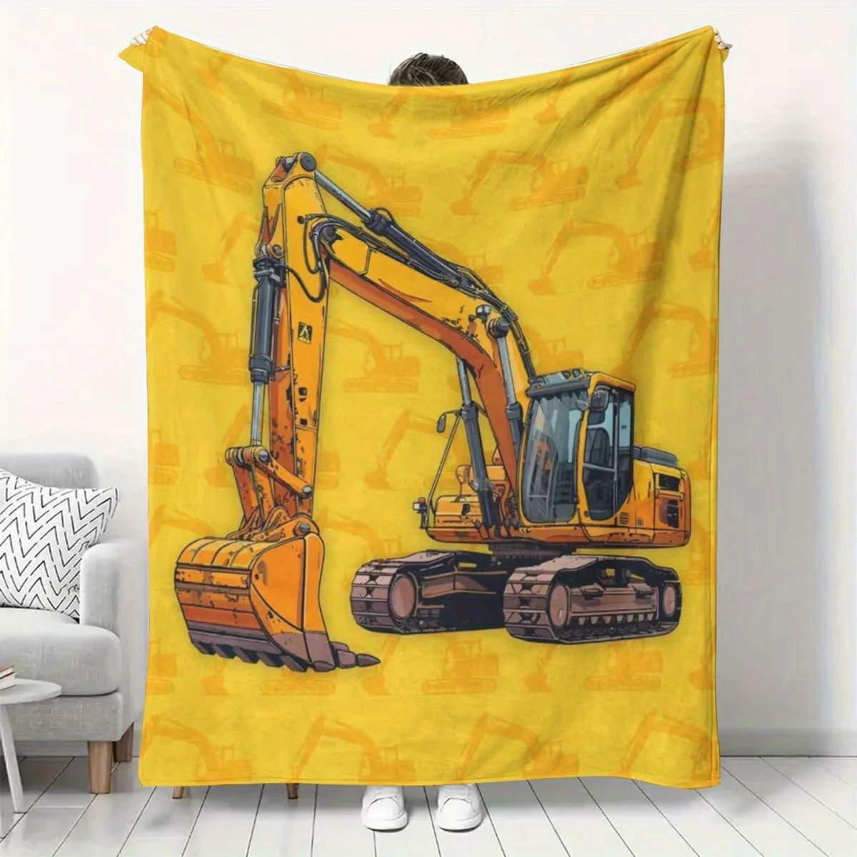 Heavy Duty Excavator Machine Yellow Print Blanket Throw Tapestry Industrial Construction Decor Cozy Gift for Workshop Garage
