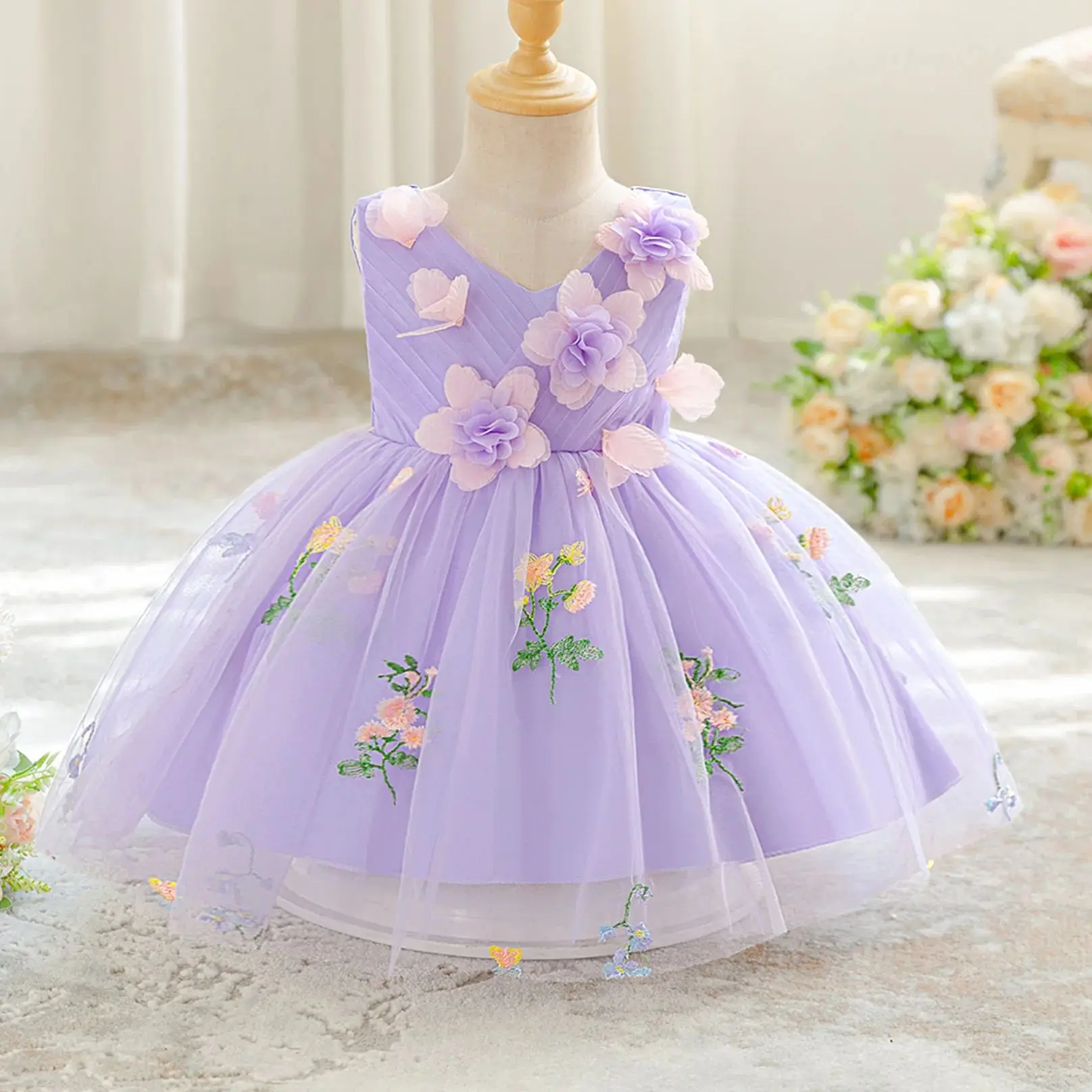 

Baby Girls' Clothing Flower V Neck Puffed Skirt For Children Birthday Banquet Evening Party Dress Baptism Elegant Fairy Vestidos