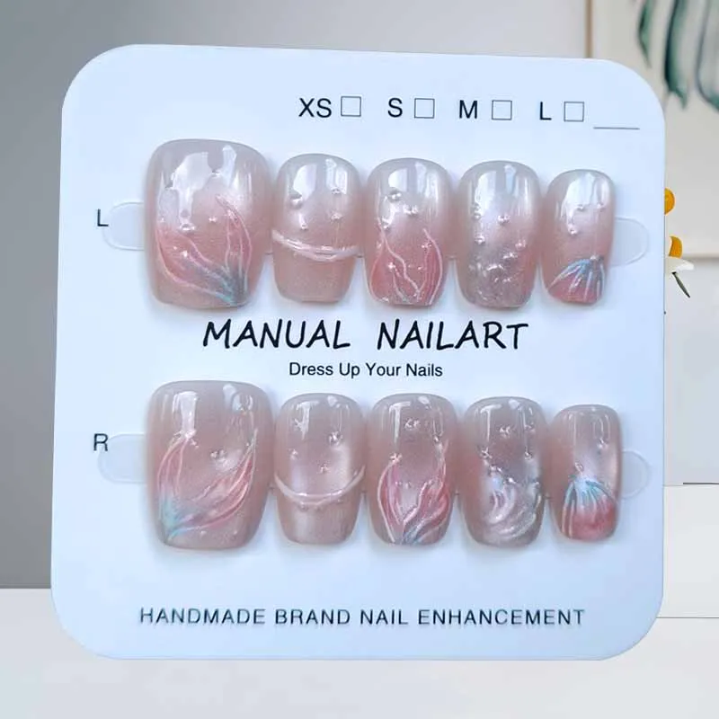 10 stuks Ocean Secret Realm Blue Matte Vissenstaart Aurora Korte Ronde Kop Druk op Nagels Roze Vissenstaart met Parel Flase nagel Patch