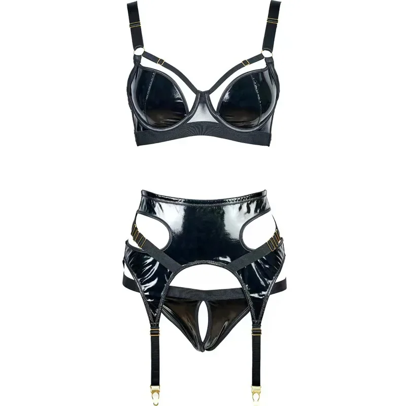 

Patent leather lingerie micro-elastic faux leather steel ring quality single bra sexy panties garter belt combination