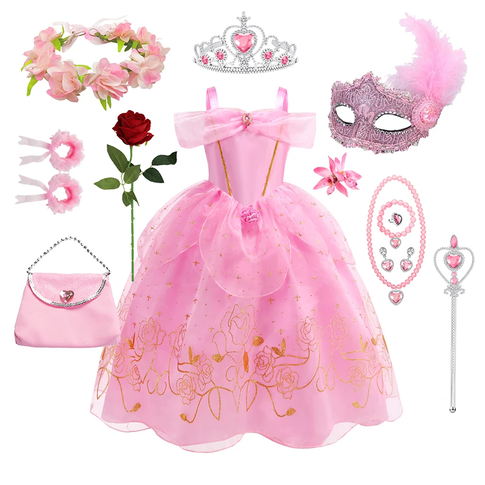 Aurora Costume Dress for Girls Halloween Costumes Carnival Party Sleeping Beauty Pink Floral Princess Costume Kids Birthday Gift