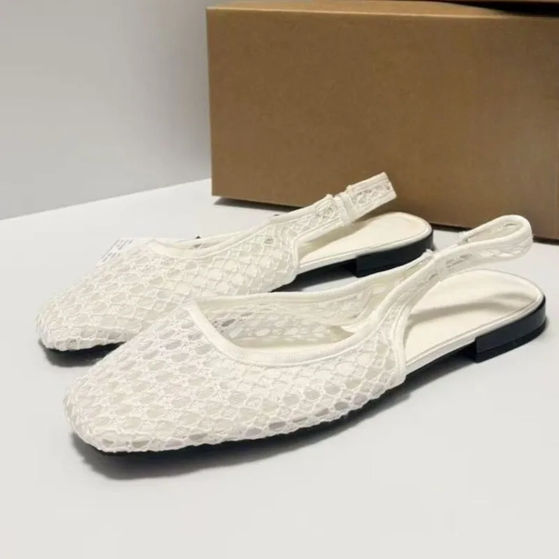 Woven Mesh Hollow Out Women Summer Shoes Square Toe Breathable Slip on Leisure Comfort Vacation Beach Flat Sandals for Ladies
