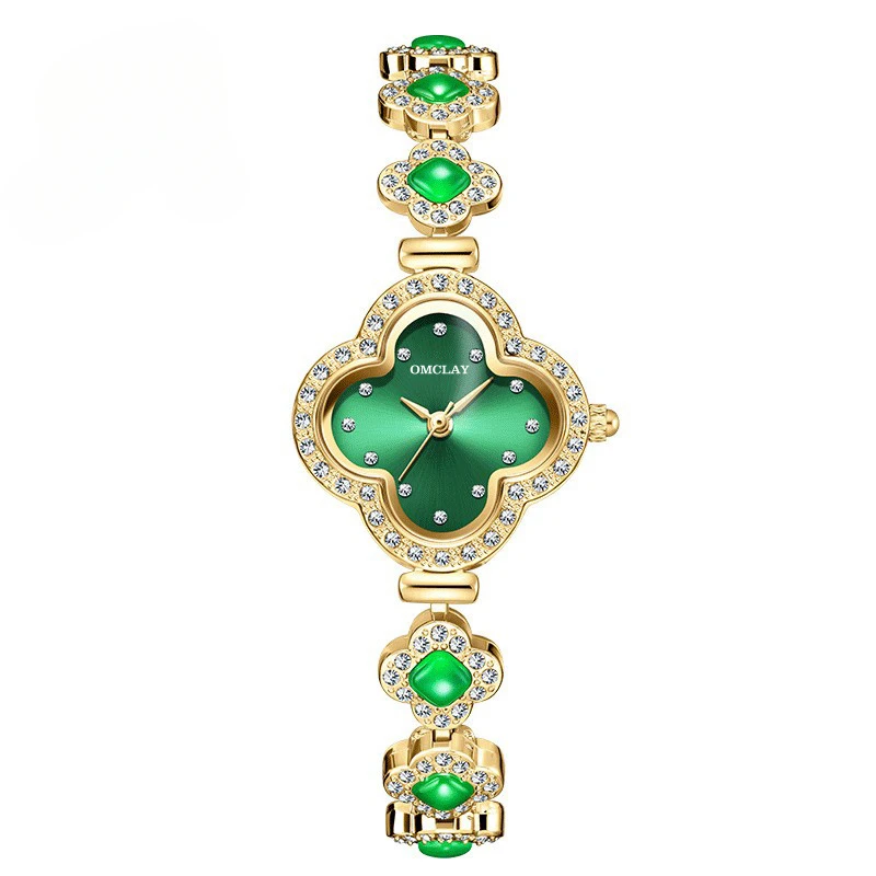 Four Leaf Clover Luxury Women's Watch Steel Green Rhinestone Waterproof Quartz Pointer Women's Bracelet Watch Diamond Gift