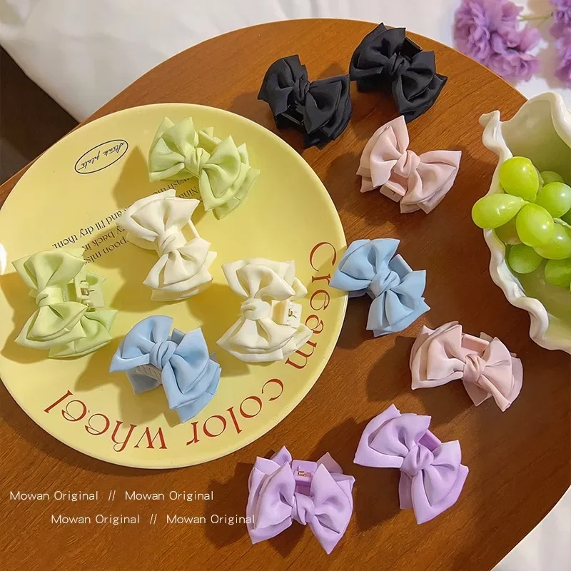 Sweet Satin Bow Hair Claw Clip Small Princess Head Shark Clip Colorful Bang Side Hair Grasping Clip Simple Headdress for Girl