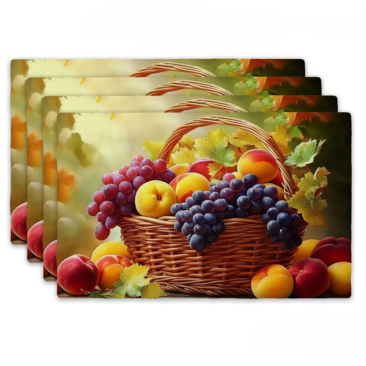 Vintage Oil Painting Fruit Basket Grape Peach Nectarine Harvest Print Rectangular Placemats  Set  Dining Table Decor Mats