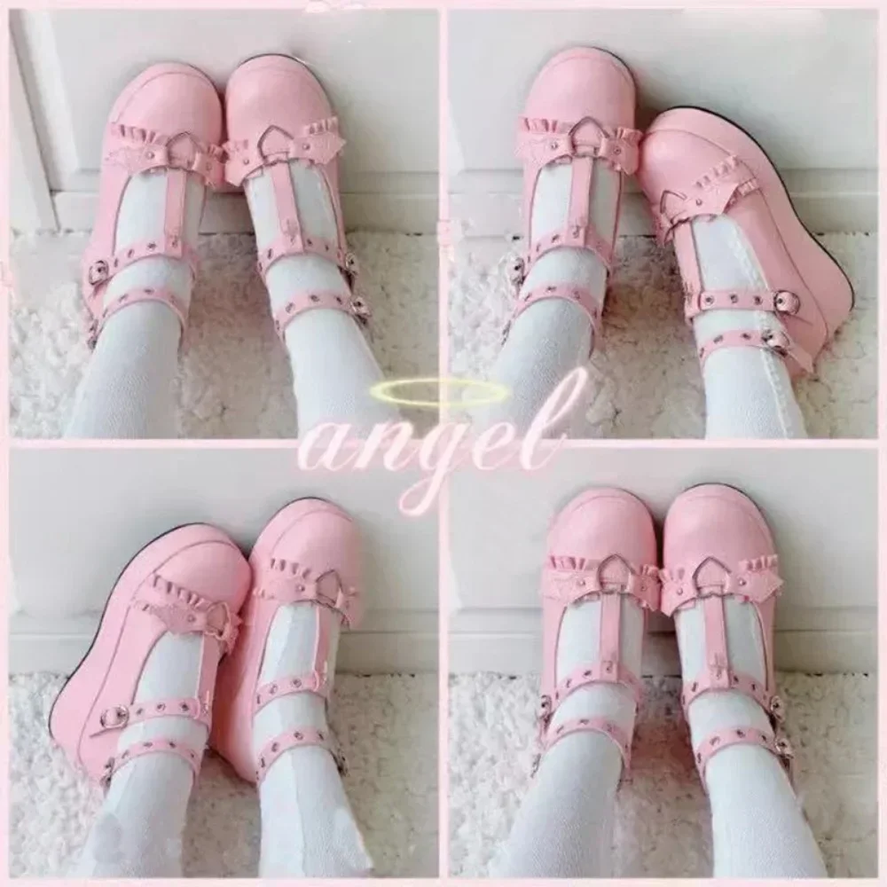 new Sweet Heart Buckle Wedges Mary Janes Women Pink T-Strap Chunky Platform Lolita Shoes Woman Punk Gothic Cosplay Shoes 43