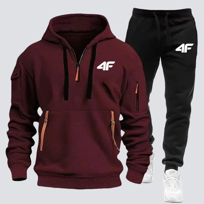 

Мужская весенне-осенняя спортивная рубашка для фитнеса и отдыха с несколькими карманами и свободным кроем, комплект с капюшоном и брюками для бега