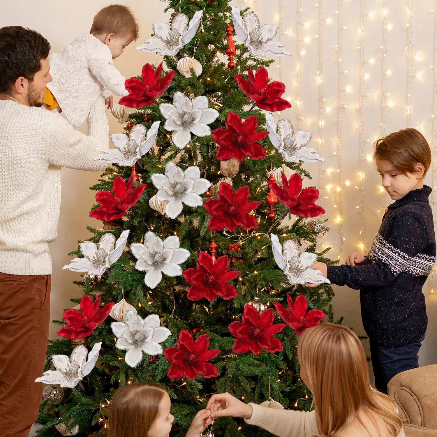 الأحمر بريق البونسيتة الزهور الاصطناعية شجرة عيد الميلاد الحلي ورد صناعي لحفل الزفاف شجرة عيد الميلاد السنة الجديدة إكليل الديكور #5