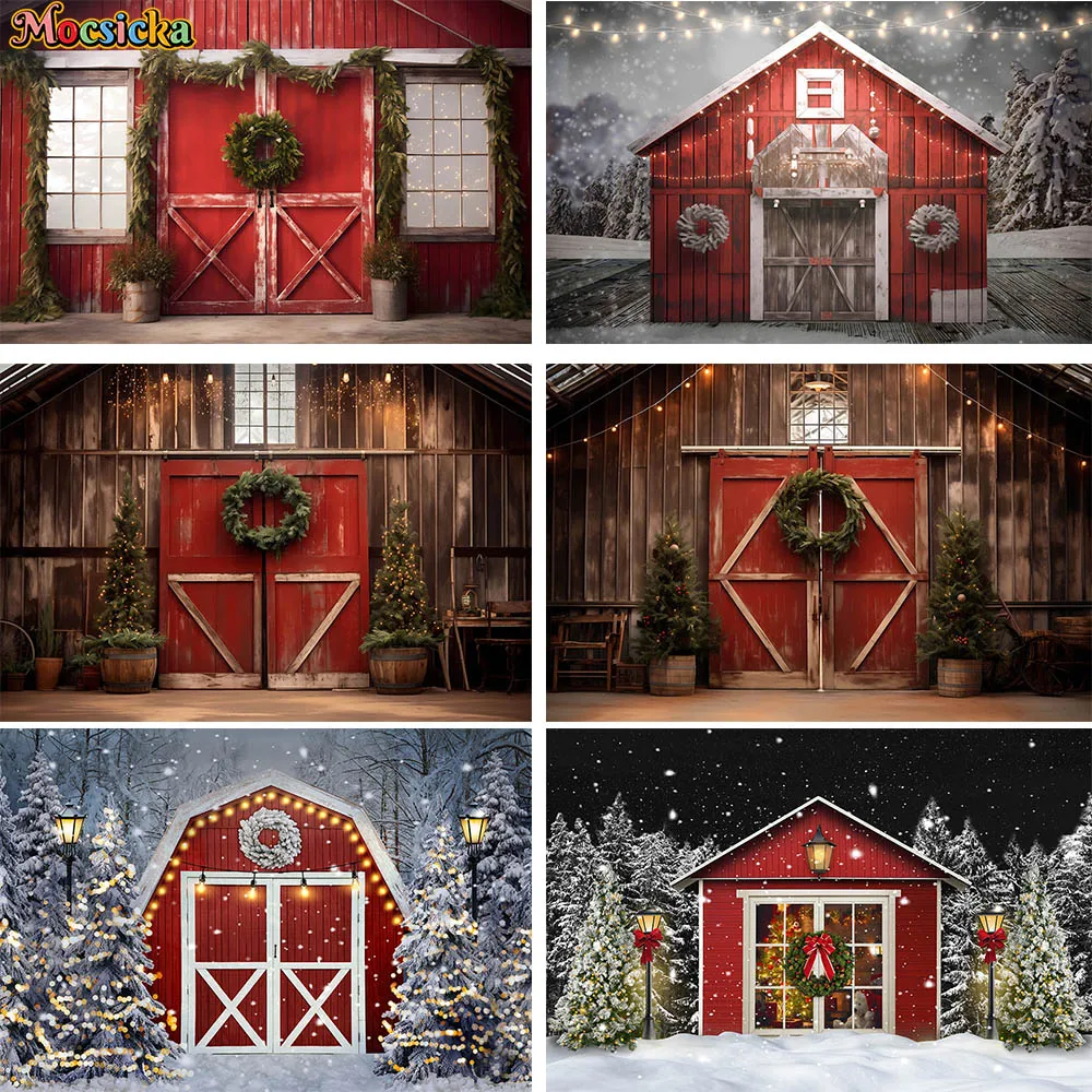 

Christmas Red Rustic Barn Door Backdrop for Photography Studio Winter Family Portrait Photobooth Background Snow Xmas Tree Decor