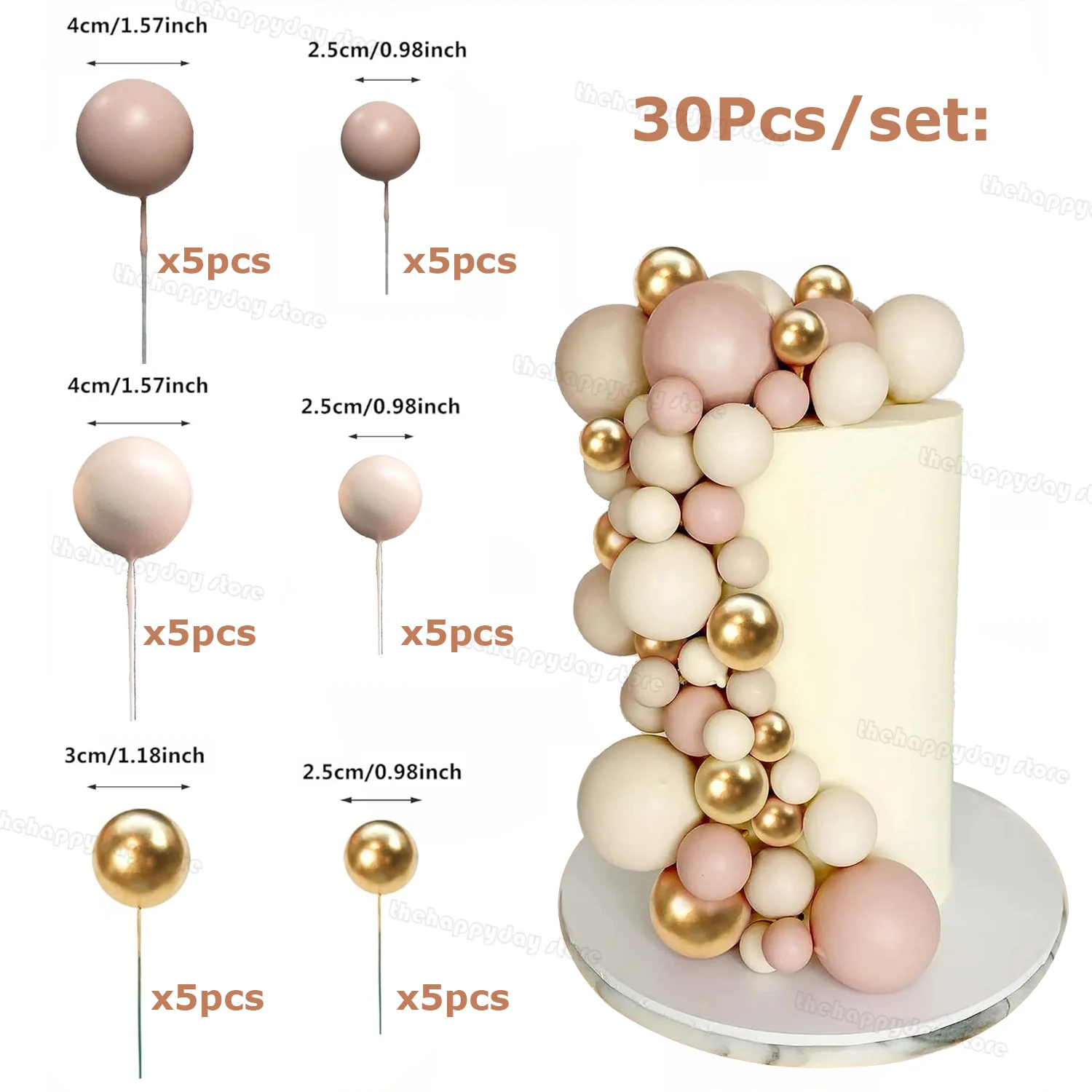 30Pcs Cream Blush Gold Balls Cake Toppers Boho Birthday Cake Decorations Bear Theme Birthday Baby Shower Party  Cupcake Topper