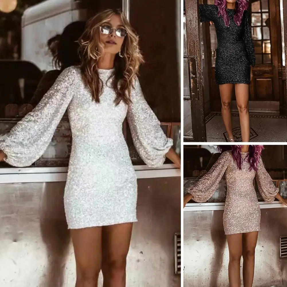 

Sequin Short Dress Elegant Sequin Lantern Sleeve Mini Dress for Women Chic Sheath Fit Prom Party Banquet Dress with Round Neck