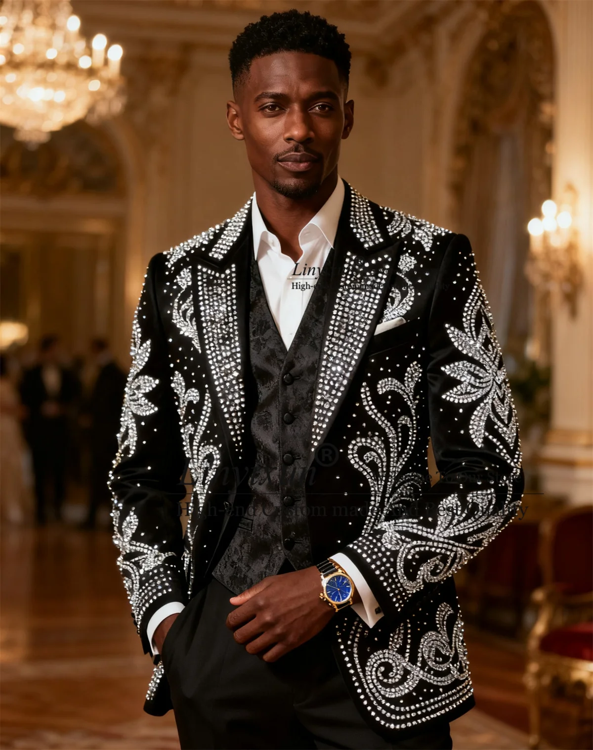 

Модный жаккардовый жилет Смокинги Мужские костюмы Комплекты из 3 предметов Жених Мужские пиджаки Индивидуальные стразы из бисера Тонкие свадебные Ropa hombre