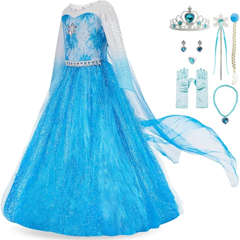 

Elsa Princess Dress Costume for Girls Kids Blue Fairy Cosplay Fancy Carnival Party Outfits Birthday New Year with Jewelry