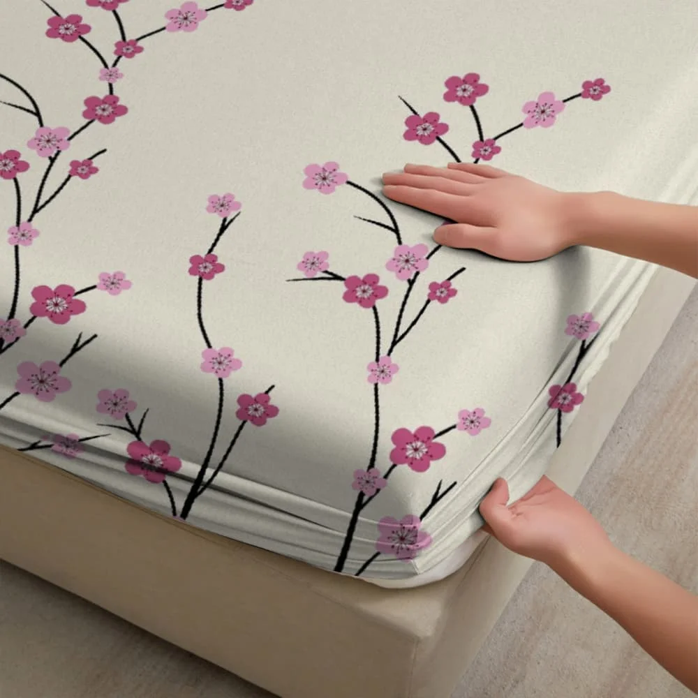 1pc Plum Blossom Print Fitted Sheet Deep Pocket Elastic Mattress Cover Single Double Queen King Bedroom Decor